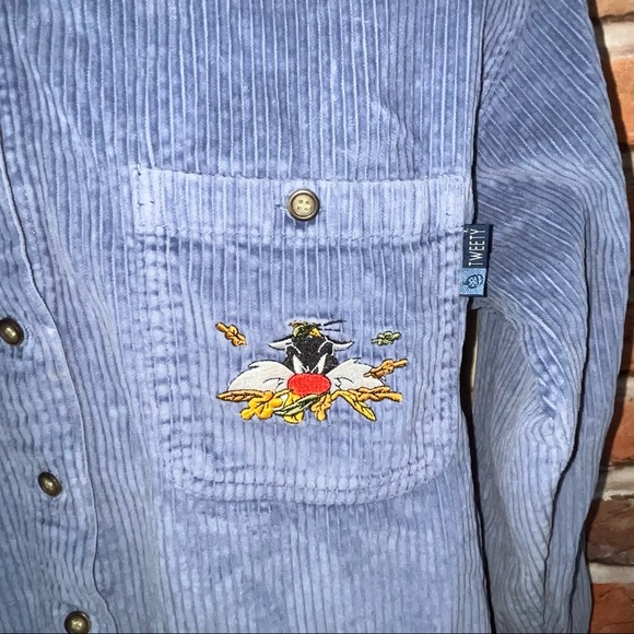 Looney Tunes vintage button up corduroy shirt blue small tweety Sylvester - Picture 4 of 9